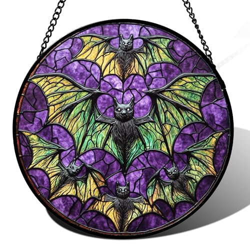 Image of Stained Glass Window Hanging - Halloween Decorations Bats Suncatcher for Doors Garden Indoor Spooky Funny Purple Sun Catchers Gothic Decor Horror Gifts for Women Men Friend 15 in