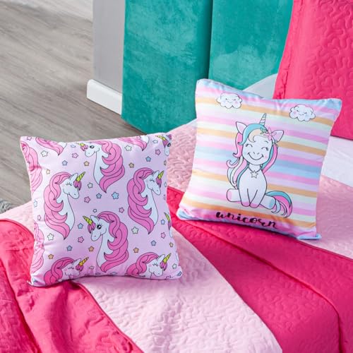 Kit Cobre Leito Colcha QUEEN 05 Peças Unicórnio Listrado Pink/Rosa Dupla Face com Almofadas Estampad