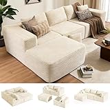 110” No Assembly Compression Boneless Sofa Couches for Living Room, L-Shape Sleeper Sofa 4 Seaters, Modern Corduroy Modular Sectional Sofa Comfy Fluffy Couches for Bedroom Apartments, Warm White