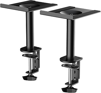 suptek Small Clamp-on Speaker Stand Desk Mount Set, Tilt, Swivel, 7.8 x 6.5 inch Trays, Universal Audio Holders for Computer and Bookshelf Speakers, Elevated Sound, 2 Pack, Black, SDM001SFX