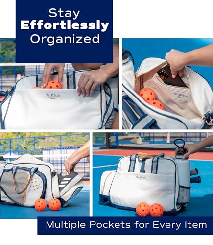 Net & Style Pickleball Bag Women Stylish Tote Large Capacity Paddle Holder Shoe Compartment Elegant Lightweight Design Durable Zipper Pockets Fence Hook White Navy Court Gym Travel Organizer - Image 5