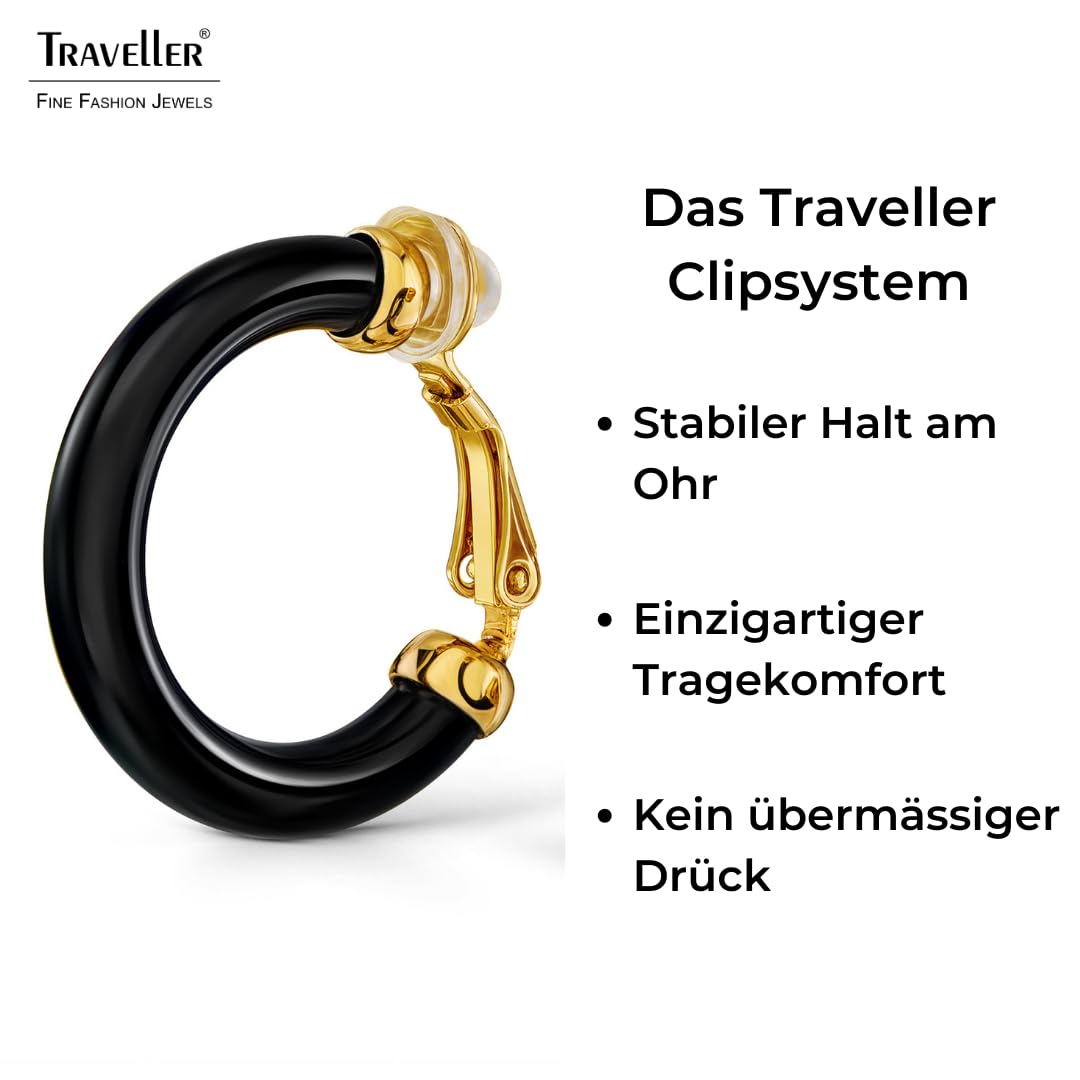 Traveller Ohrclip Creolen - Damen - Ø 25mm - Resin Schwarz - 22kt vergoldet - 157713