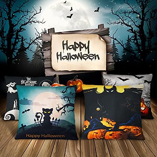 Aspiree Halloween Cushion Covers, Pumpkin Linen Cushion Covers, HalloweeHalloween Cushion Cases for Home Office, Halloween Sofa Bed Decoration, 4Pcs 45 x 45 cm, Style 2