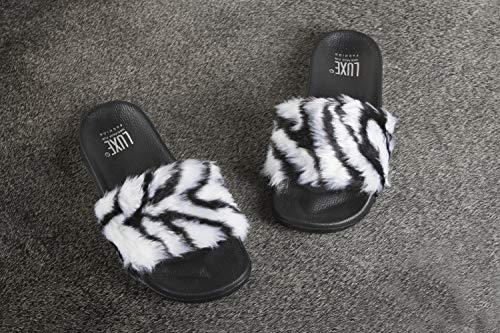 Luxe Women's Faux Sheepskin Fur Fuzzy Flat Slide Sandals Open Toe Furry Slippers Soft Cozy Plush Fluffy Indoor Slip-Ons3