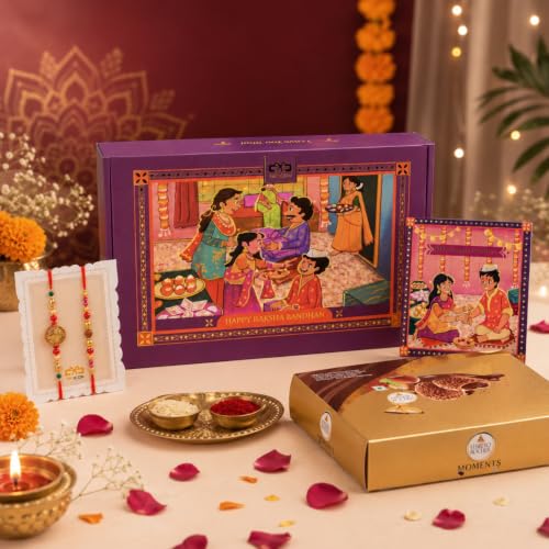 Image of Gifticon Rakhi Set for Brother Bundled with Chocolate | Rakshabandhan Gift Box with Chocolate Pack | Greeting Card | Roli | Chawal | Premium Rakhi Gifting Set with 1 Ganesha 1 Rudraksh Rakhi