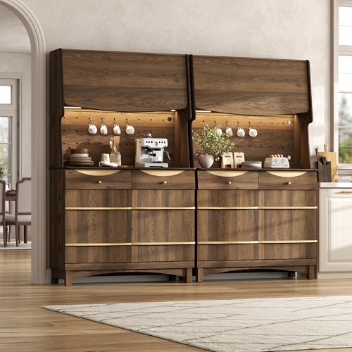 Image of STO'SENSE 72'' Kitchen Pantry Cabinet w /Power Outlets, Tall Storage Cabinet w /LED Light, FILP-up Door & Pegboard, Freestanding Kitchen Hutch w /Drawers, Solid Wood Handles(Walnut-2PCS)