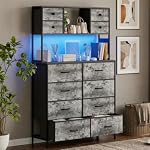 Commode 12 Tiroirs, Grand Coffre de Rangement en Tissu avec Lumière LED et Station de Charge, 3 Étagères Ouvertes, Cadre Métallique et Plateau en Bois Organisateur de Rangement pour Salon, Entrée, Couloir, Chambre