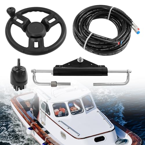 HUSPOO Sistema de dirección hidráulica para fueraborda de hasta 150 CV, juego completo con volante, cilindro y mangueras de 8 m, kit de dirección hidráulica fuera de borda para barcos/yates | fácil