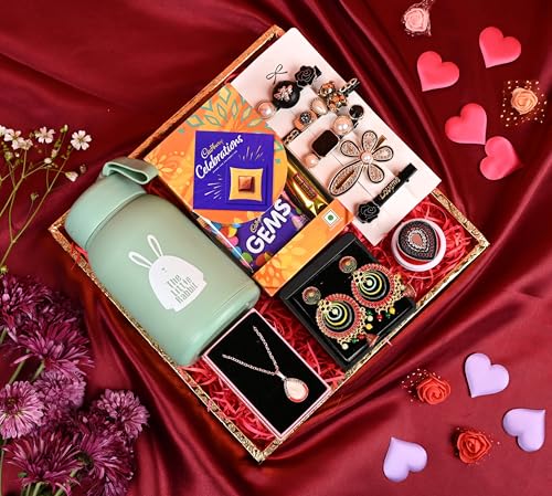 MANTOUSS Valentine gift For boyfriend/girlfriend/wife/Fiancee-Decorated tray+Box of Cadbury Celebrations chocolate+water bottle+set of 5 pins+pair of earrings+pendent with chain+ring With box+Card