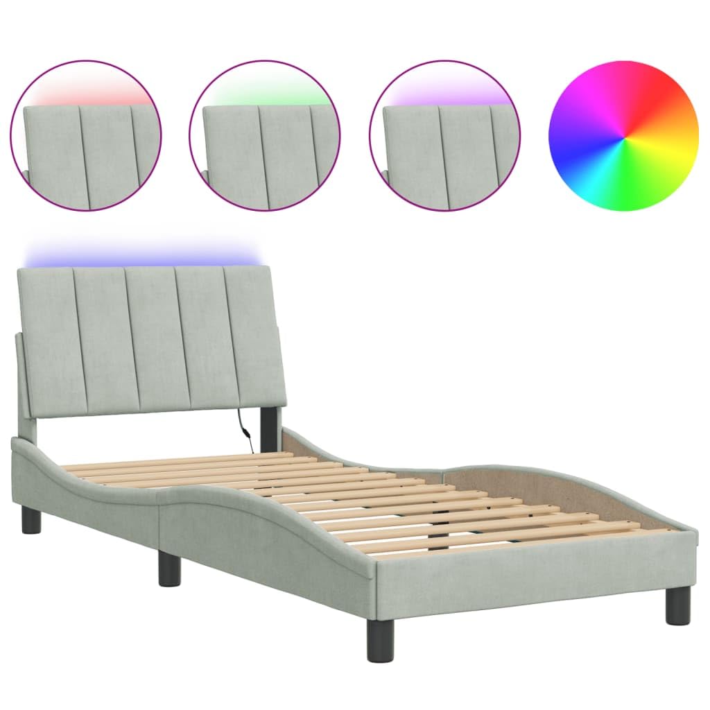 aksamitna z listwami LED podświetlenie Hanko szary 80x200 cm | Rama łóżka z LED bez materaca Hanko jasnoszara 80x200 cm aksamit podświetlenie wezgłowie miękki tapicerowany stelaż