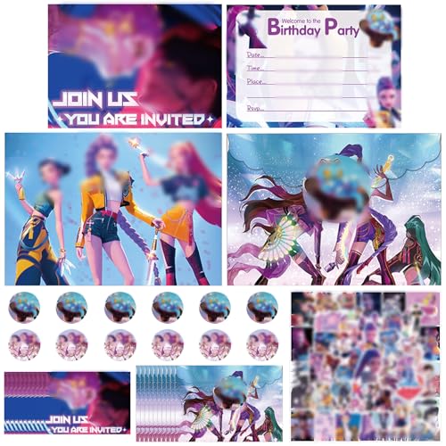 ZXTGBQ 12 Cartão de convite de aniversário com envelopes correspondentes, convite de aniversário para menina, pacote de autocolantes de 67 peças, Stickers Aesthetic, para festa de aniversário, para