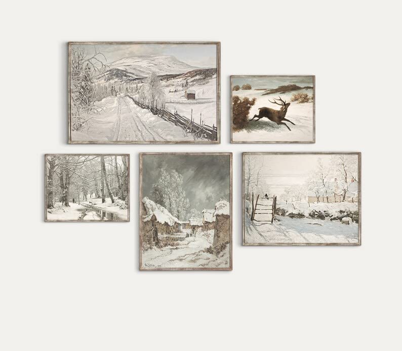 Set 5 Winter Pictures Wall Decor, Landscape Art Vintage