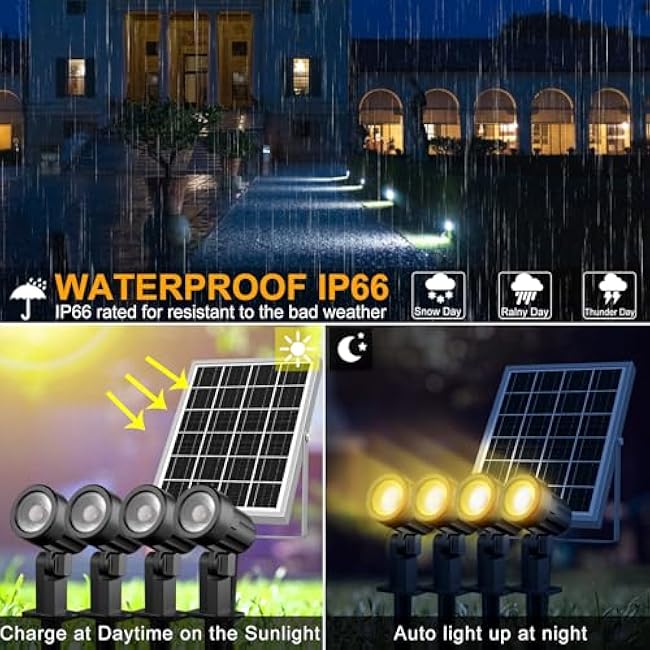 MEIKEE 6 in 1 Solar Spotlights Outdoor, 6W/6V Solar Powered Landscape Lights IP66 Waterproof Auto On/Off Landscape Spotlights with 3 Colors 56ft Cord for Garden Path Yard Patio Light