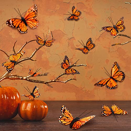 24 Pcs Monarch Butterfly Decorations 4 Size Artificial Monarch Butterfly Feather Butterfly Decor On Picks Orange Butterflies For Crafts Fake Butterflies With Wire Butterfly Wall Decor For Halloween #TOP2