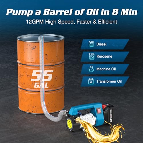 Image of SEESII Fuel Transfer Pump Battery-Powered: 12 GPM Electric Diesel Transfer Pump with 2 x 21V 4.0Ah Batteries, Portable Cordless Pump Kit with Auto Shut-Off Nozzle & 2x6.6 FT Hoses for Diesel Kerosene