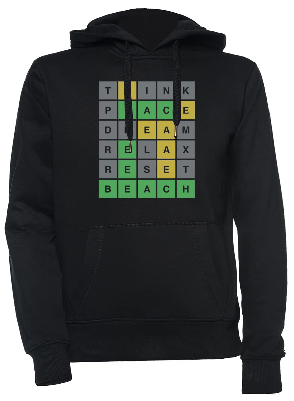 Luxogo Wordle Think Peace Dream Relax Reset Unisexo Negro Sudadera con Capucha Hombre Mujer Unisex Black Hoodie Men's Women's