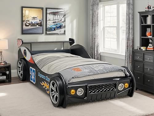 YWUFUART Race Car Twin Bed Frames for Kids, Wood Car-Shaped Bed Frame with Wheels LED Lights & Slat Support for Toddler, Teens, Boys or Girls (Race Car-Black)