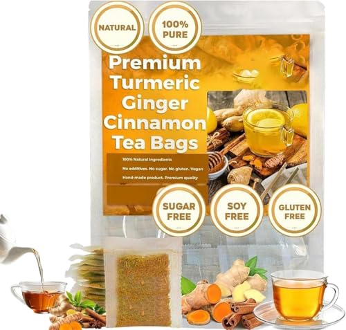 Natural Turmeric Ginger Cinnamon Tea Bags, 100% Organic Hand-made Blend of Turmeric, T urmeric Cinnamon Ginger Herbal Tea, No Sugar, No Caffeine, No Gluten, Vegan (1)