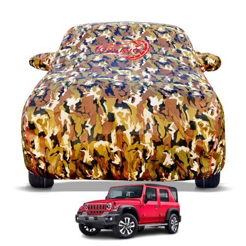 Image of Thar Roxx 2024-2026 Models 100% Waterproof Car Cover for All Weather Protection Mirror & Inner Cotton Triple Stitched Cover, Adjustable Belt Bottom Elastic to Secure Fit (Jungle Print)