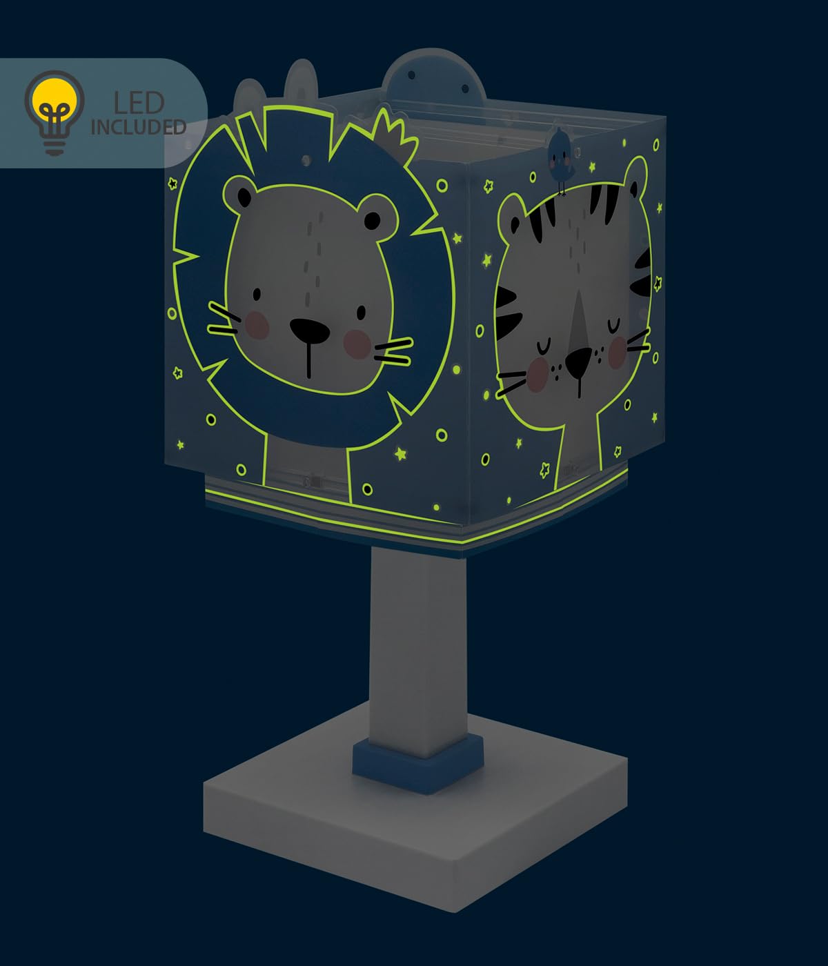 Dalber Lámpara Infantil de Mesilla Animales Azul 63111NT G4 | Lámpara infantil de mesa o mesita; animales jungla; G4 4W LED - Bombilla incluida; Luz Quitamiedos