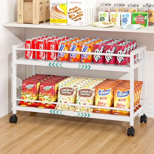 2-Tier Expandable Rolling Pantry Cart with Wheels Adjustable Floor Organizer for Kitchen Pantry Can Organizer for Pantry Storage Cart for Snack Food Vegetables White Patent Pending