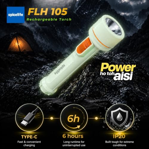 Image of 5W High Power LED Rechargeable Torch Light | 1KM Long Range Beam | 1200mAh Battery Up to 6 Hours Backup | 2 Light Modes | 500 Lumens | Radium Glow Body | IP 20 Rated | Type C | Outdoor Camping Travel