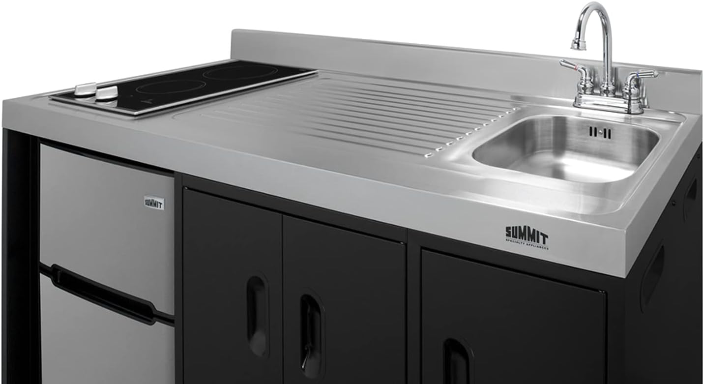 Summit Appliance CK54SINKR 54" Wide All-In-One Kitchenette, Stainless Steel Sink and Faucet, 2-door Refrigerator-freezer, 2-burner Smooth-top Cooktop, Indicator Lights, Storage Compartments