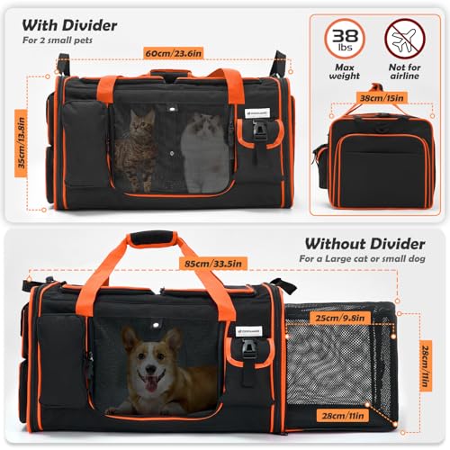 Odoland Katzentransportbox für 2 große Katzen 60×38×35cm - Faltbar Erweiterbarer Transporttasche Katze Welpen, atmungsaktiv Hundetragetasche mit Schultergurt & Katzenklo - Ideal für Reise, Auto