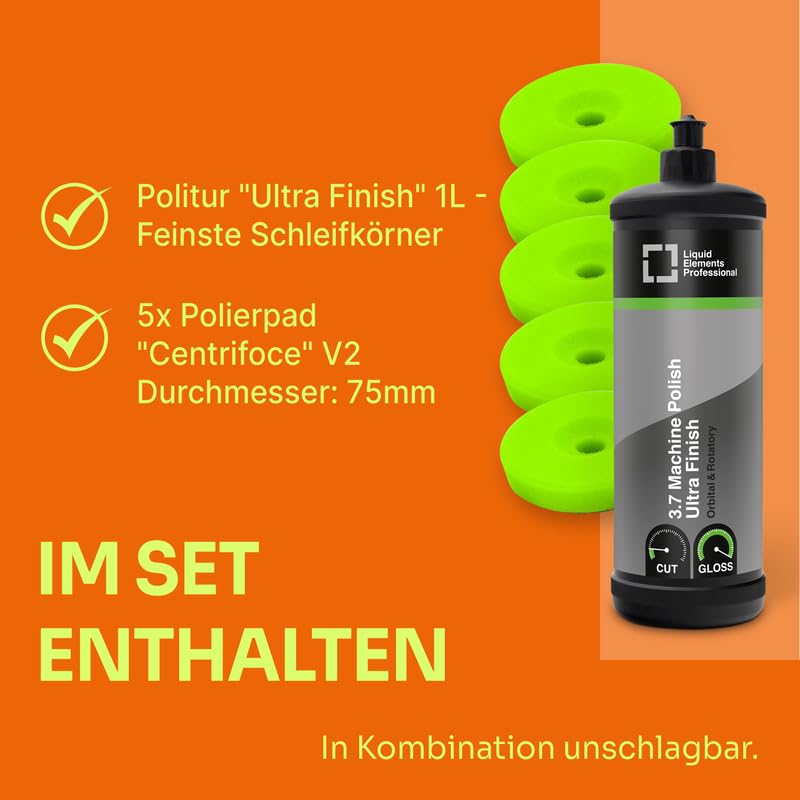 Liquid Elements Autopolitur Ultra Finish 1L, inkl. 75mm Pad | Polierpaste für Autolacke, Lackaufbereitung Komplettset, Centriforce V2 Polierschwamm, ideal für alle Poliermaschinen