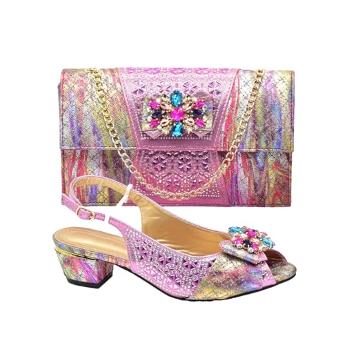 Women's Nigerian Party Shoe & Bag Set - Delicate Rhinestone Chain & Low Heel Pumps