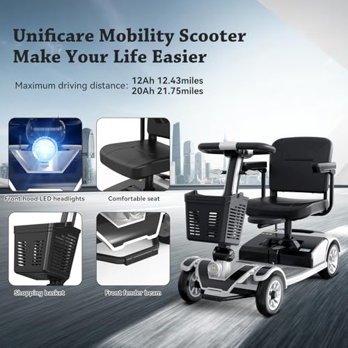 Image of Movcan S-01 Mobility Scooter for Seniors & Adults - 419 LB Capacity | Foldable Travel Scooter with Basket, 360 Swivel Seat, Electromagnetic Brake & Turn Signals, Heavy Duty Scooter, Silver