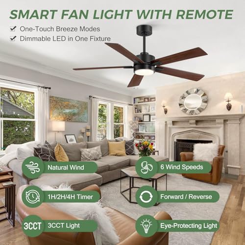 Ceiling Fans with LED Lights, 52 Inch 5-Blade Ceiling Fan Remote Control, Industrial Ceiling Fan with Reversible DC Motor, Downrod Mount LED Ceiling Light Chandelier for Bedroom (Black & Walnut) by Breezary - Used condition - Image 6