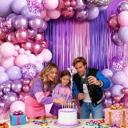 Image of Purple Pink Balloon Garland Arch Kit Birthday Party Decorations, Music Themed Foil Fringe Curtains Backdrop Tinsel Streamer Photo Booth Props for Butterfly Galentines Day Wedding Party Decor Supplies
