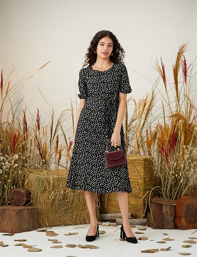 Image of Amazon Brand - Symbol Women Rayon Fit and Flare One Piece Midi Length Dress (with Self Fabric Belt) (Available in Plus Sizes)