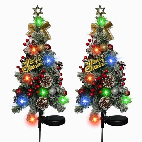 2 Pack Solar Christmas Tree Outdoor Christmas Decorations, 32in 40 Led Light 2 Modes Outdoor Waterproof,Solar Powered XmasTree for Garden Yard Pathway Lawn Cemetery Decoration