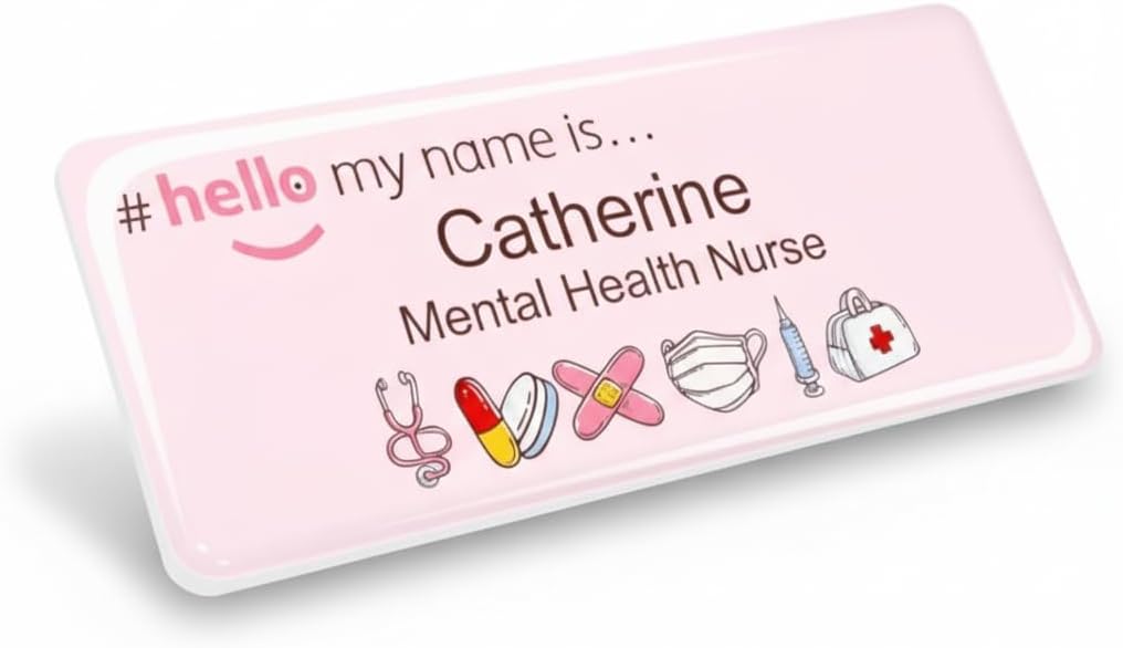 Badgemaster Hello My Name is Logo Pink Nursing Pattern Badge Premium Domed White White 76 x 32mm Doctor Student Nurse Clinical Practitioner Healthcare Assistant Medical Staff GP