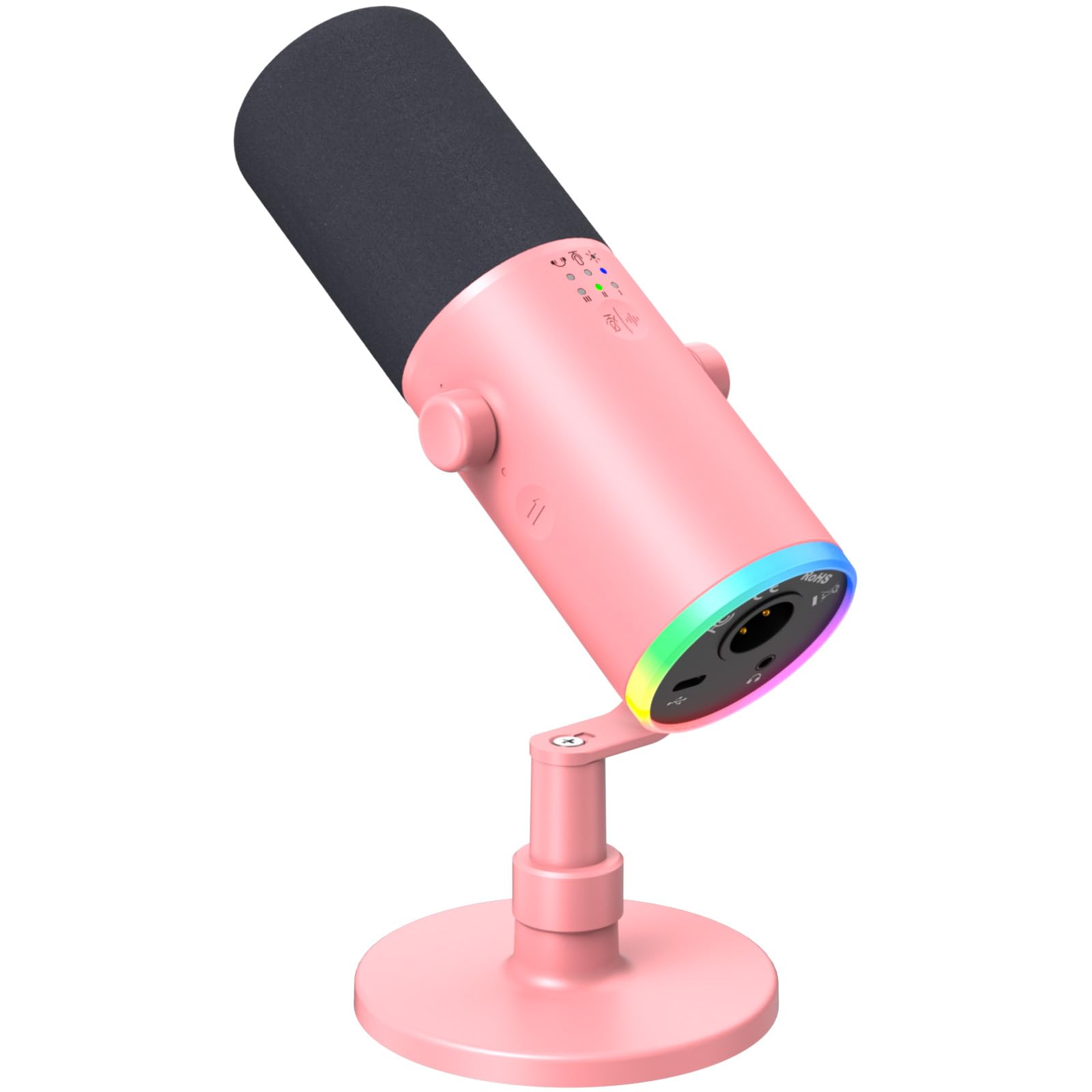 TONOR Dynamiczny mikrofon do gier, mikrofon XLR/USB do strumieniowego przesyłania, redukcja szumów AI, sterowany RGB, wyciszenie, gniazdo słuchawkowe 3,5 mm, mikrofon ze stojakiem stołowym, różowy