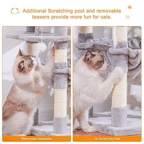 Image of Heybly Cat Tree, 70 inches Tall Cat Tower for Indoor Large Cats HCT032W | Big Cat Condo with Toy , Cat House Furniture with Padded Plush Perch, Cozy Hammock and Sisal Scratching Posts, Light Gray