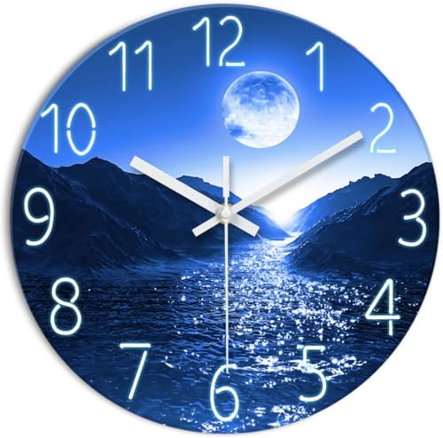 Image of XFM Blue Moon Wall Clock Battery Operated 12 Inch | Silent Non-Ticking Modern Glass Nature Analog Decorative for Kitchen Bedroom Home Office