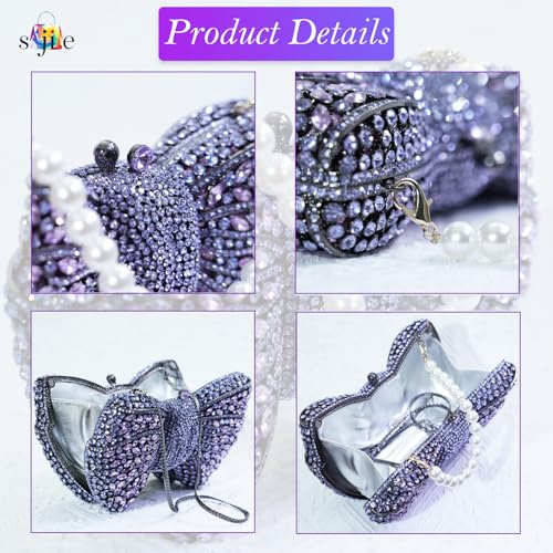 Image of Handmade Inlay Rhinestone Bow Clutch Bag for Women, Sparkling Evening Party Wedding Purse with Detachable Pearl Chain
