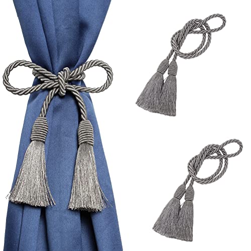 Image of 2 Pack Curtain Tiebacks Handmade Decorative Curtain Holdbacks Rope with Tassel - Gray