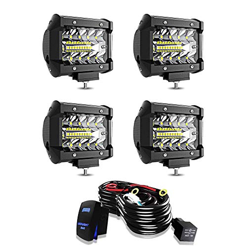 AUSI 4PCS 4 Inch 60W LED Work Light Bar Pods Cube Spot Flood Combo Off Road Driving Fog Lamps with Rocker Switch & Wiring Harness for Pickup Truck ATV Boat Light Polaris RZR Ranger Van Tractor