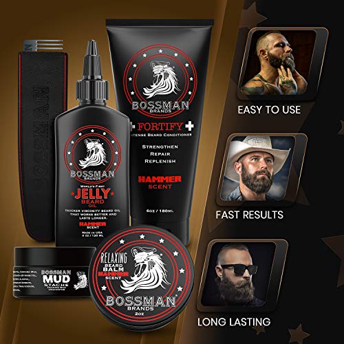 Bossman Complete Beard Kit - Men's Beard Oil Jelly, Fortify Shower Conditioner, Balm, Mustache Wax And Comb - Beard Softener, Growth, Care And Grooming Products Kit (Hammer) #TOP5