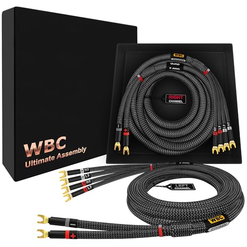 WORLDS BEST CABLES 12 Foot Ultimate - 9 AWG - Ultra-Pure OFC - Premium Audiophile HiFi Bi-Wire Speaker Cable Pair with Eminence Gold Spade Plugs & Carbon Tweed Jacket
