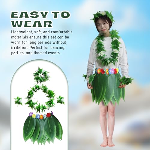 Hula Skirt for Adult 5PCS/Set Green Leaf Skirt with Necklaces Bracelets Headband Hawaiian Fancy Dress for Beach Luau Party Favors, L Hula Skirts for Adults Grass Hawaiian Fancy Dress Women2