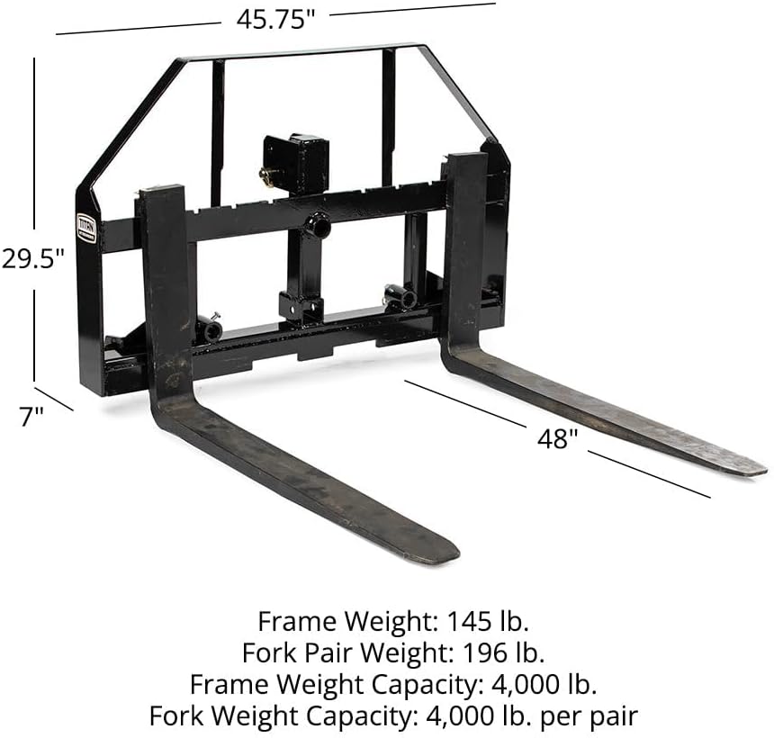 Titan Attachments Standard Series 3 Point Pallet Fork Frame, 48" Pallet Fork Blades, Fits Cat I & II Tractors, Titan Quick Hitch Compatible, Rated 4000 LB, 2" Receiver Hitch