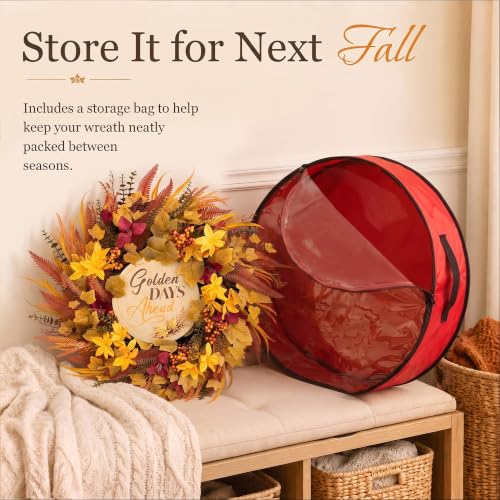 24" Wizcave Autumn Fall Wreath w/ Storage Bag & Wood Sign - image 6