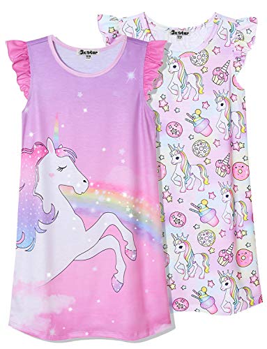 Jxstar 2-Pack Nightgown for Girls Flutter Sleeve Pajamas Cotton Sleepwear Night Dresses