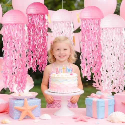 Image of Jellyfish Paper Lanterns 6 Pacs Under The Sea Party Decorations Mermaid Party Baby Shower Decorations Blue Hanging Jelly Fish for Ocean Spongebob Birthday Party Decorations (Pink)