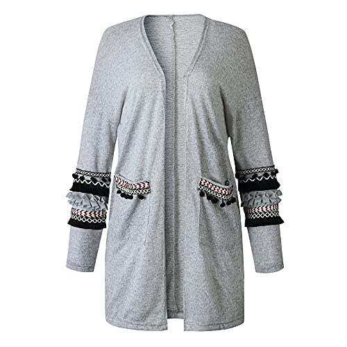 PRJN Cardigã de manga comprida para mulher, cores misturadas com bolsos, casaco de tamanhos superiores, casaco comprido camisola com frente aberta, camisolas de malha de tamanho grande tecido de cabo, C- cinzento,